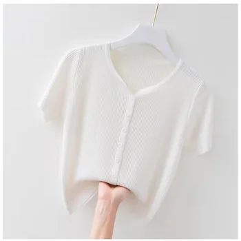 дамски летни тънка трикотажная тениска с v-образно деколте и къс ръкав GRAY22