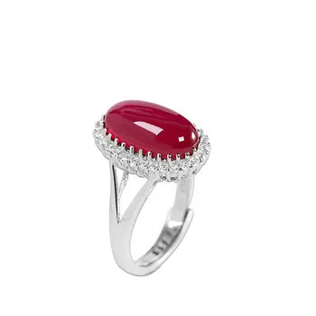 100% s925 сребърен инкрустированное пръстен с геометричен модел от червено корунд, просто модно дамско отворен пръстен