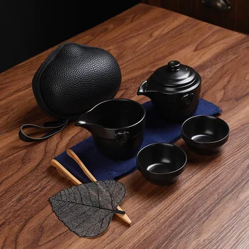 Чай Gaiwan Черна посуда керамичен чайник чаени чаши чаени апарати преносими пътни супени услуги с пътна чанта C26