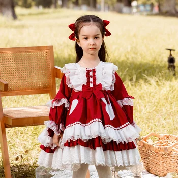 Zhiya/Детски дрехи 2022, Есен Нова пола принцеса в стил Лолита за момичета, вино-червено детска Пищната пола от Памук
