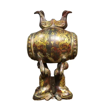 LAOJUNLU Бронзова Златен Надпис Двоен Барабан 35 см Височина, Традиционен Китайски Стил Антики Изобразително Изкуство Подаръци, Занаяти