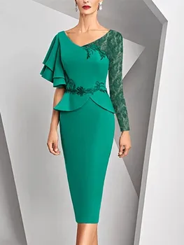 Зелена рокля за майката на булката, Вечерна рокля с V-образно деколте и дълъг Ръкав, рокля с дантелено аппликацией за майката на булката, Красива рокля
