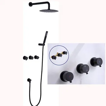Месинг смесител за душ в банята, черно, за две функции, миксер с двойна дръжка, комплект дюзи за душ, монтиран на стената, 250 mm, дюза за душата