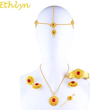 Ethlyn Голяма Мода Эфиопские Етнически Бижута Златист Цвят Камък Бижута Комплекти за Етиопски Жени Аксесоари S126