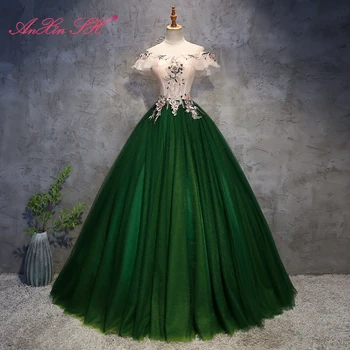 AnXin SH Реколта принцеса сценичното зелено дантелено рокля с флорални волани и деколте лодка бална рокля на булката с перли и кристали вечерна рокля
