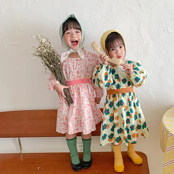 Корейското детско парти за момичета с фин цветен принтом, закрывающееся на талията, цветно принцеса рокля с дълъг ръкав, детски рокля