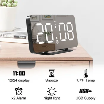 Будилник LED Цифров Часовник Мултифункционален Огледало Повторение Показване на Времето Нощен LCD Настолна Лампа Офис USB Кабел Цифров Часовник
