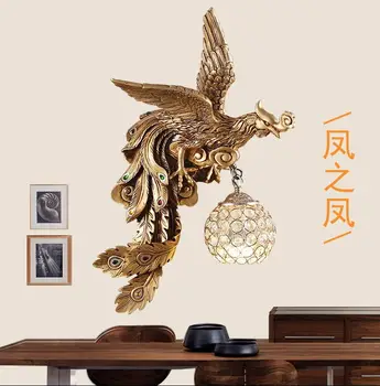 Американски стил кънтри смола паун, с монтиран на стената лампа дневна спалня нощна лампа европейско злато творчески crystal монтиран на стената лампа