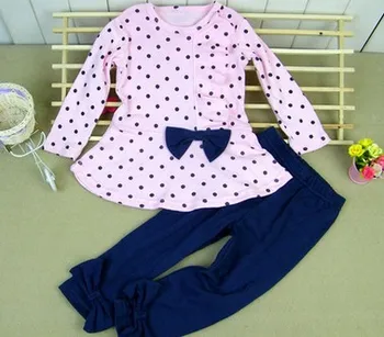 есенно-пролетни комплекти дрехи за момичета, детска тениска с дълъг ръкав + панталони, корейски папийонка в грах, Нова детска долна риза модел