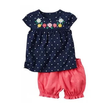 Детска тениска + Шорти Летни БЛУЗИ с къс ръкав в дребния грах с цветя за момичета + Къси панталони, детски дрехи от две части. 0-2
