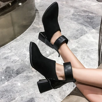 Мода 2020 г., Нови женски пикантни ботильоны, къси ботуши на висок ток 6 см, модни вечерни дамски обувки с остри пръсти в европейски стил, големи размери 32-48-61