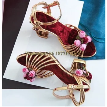 Тесен колан цветен декор Птичья клетка сандали жена лятото на 2022 дърворезба злато Бала помпи обувки 5 см високи токчета женски 