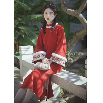 2022 нов китайски коледен стил подобряване на съвременното ципао ретро чонсам класическо женско ципао червено винтажное рокля ципао с голям ръкав