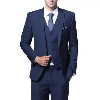 Стилен дизайн, тъмно синьо смокинги за младоженеца в една пуговице, Мъжки костюми с изрезки на лацканах, Блейзери (Яке + панталон + елек + вратовръзка) W: 1115